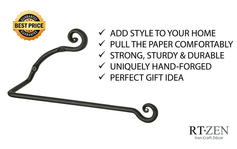 RTZEN Horizontal Black Paper Towel Holder - Handcrafted Rustic Metal Decorative Wrought Iron Decor - Farmhouse Wall Mount Paper Towel Holder for Kitchen or Bathroom - Image 3
