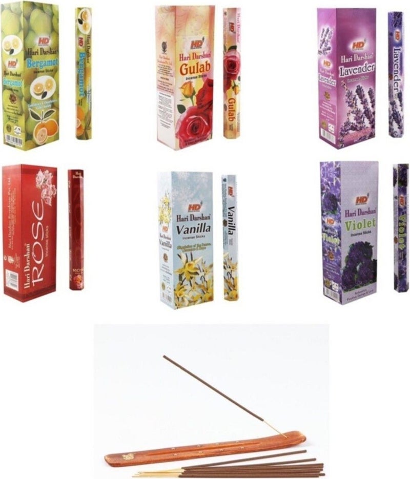 Hari Darshan Special Selection 6 Fragrances 1 Box 120 Pieces Incense Sticks 1 Boat Incense Burner Gift Pack2 