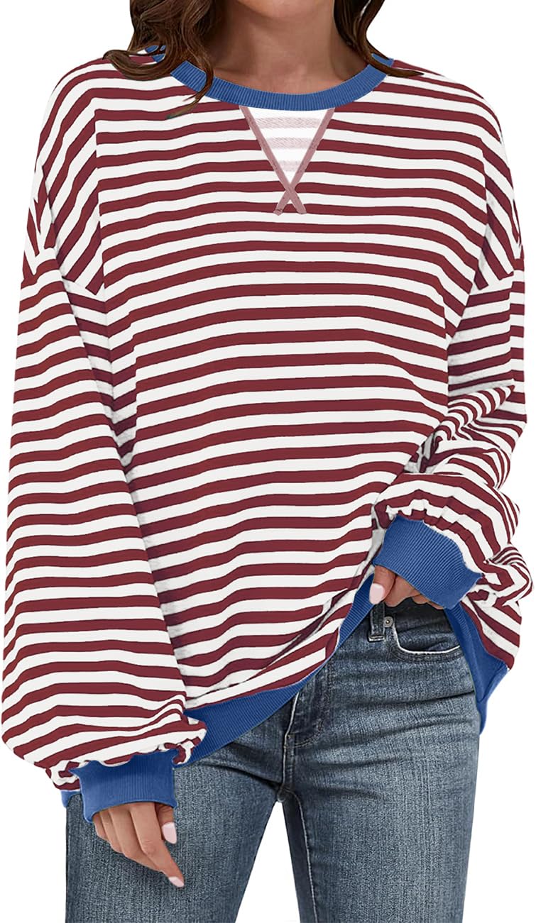 UEU Women's Striped Pullover Tops Long Lantern Sleeve Sweatshirts Soft Loose Crew Neck Y2K Shirts Coffee Striped X-Large - Image 1