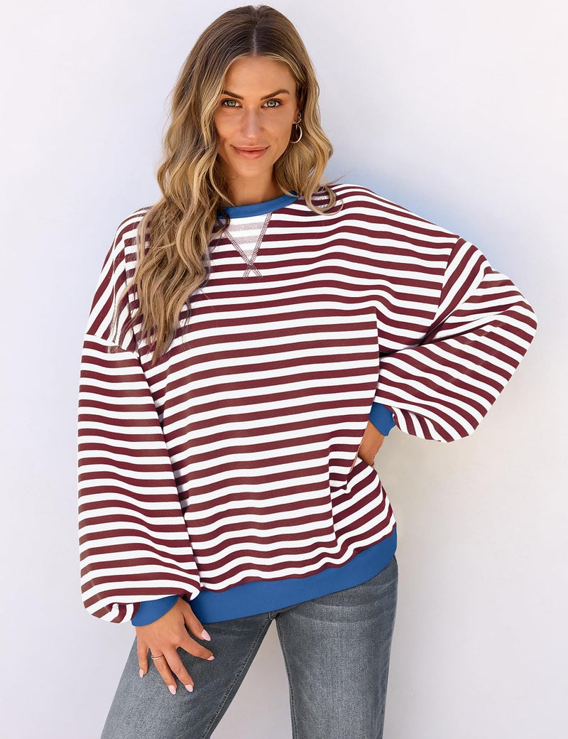 UEU Women's Striped Pullover Tops Long Lantern Sleeve Sweatshirts Soft Loose Crew Neck Y2K Shirts Coffee Striped X-Large - Image 2