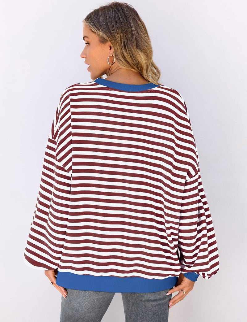UEU Women's Striped Pullover Tops Long Lantern Sleeve Sweatshirts Soft Loose Crew Neck Y2K Shirts Coffee Striped X-Large - Image 5