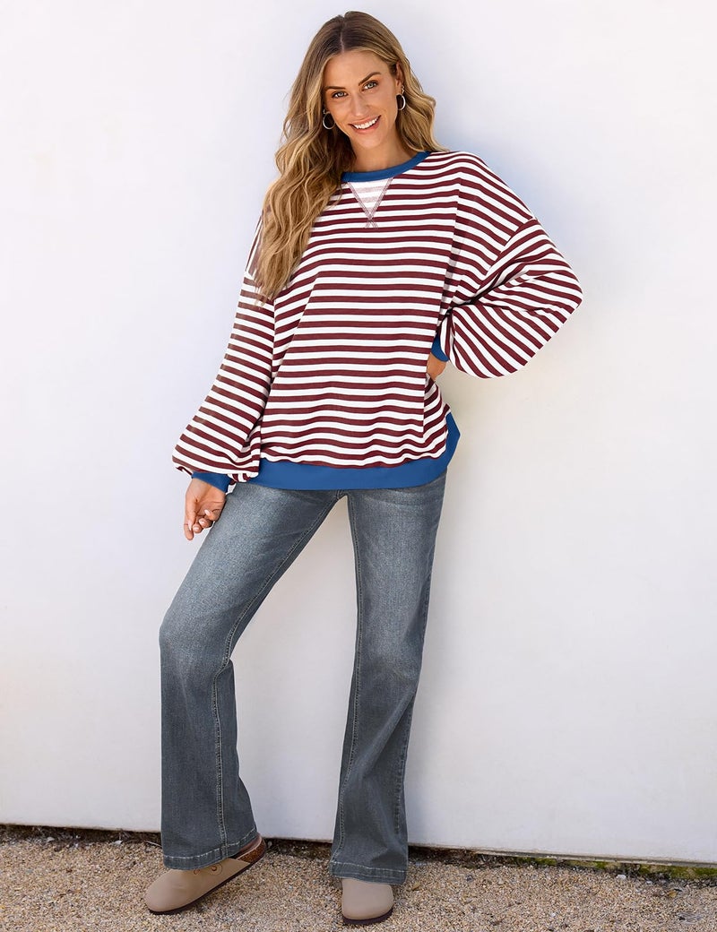 UEU Women's Striped Pullover Tops Long Lantern Sleeve Sweatshirts Soft Loose Crew Neck Y2K Shirts Coffee Striped X-Large - Image 3