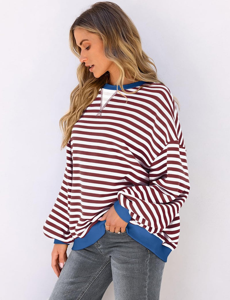 UEU Women's Striped Pullover Tops Long Lantern Sleeve Sweatshirts Soft Loose Crew Neck Y2K Shirts Coffee Striped X-Large - Image 4