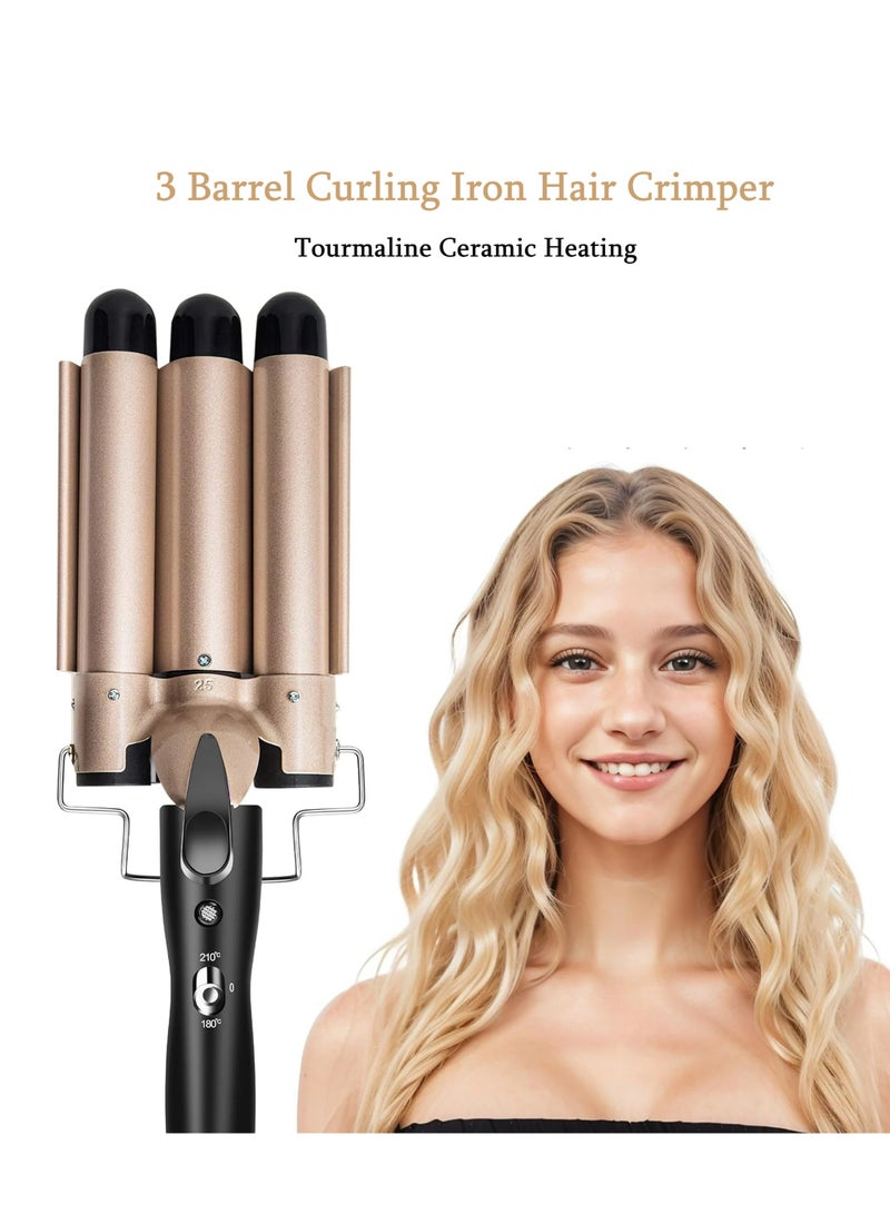 PANDA JOJO 3 Barrel Curling Iron Hair Crimper, Heat up Quickly Hair Waver, Tourmaline Ceramic Heating, Waver Iron Adjustable 25mm Hair for Long or Short, Last Wand for Women, Gold - Image 1