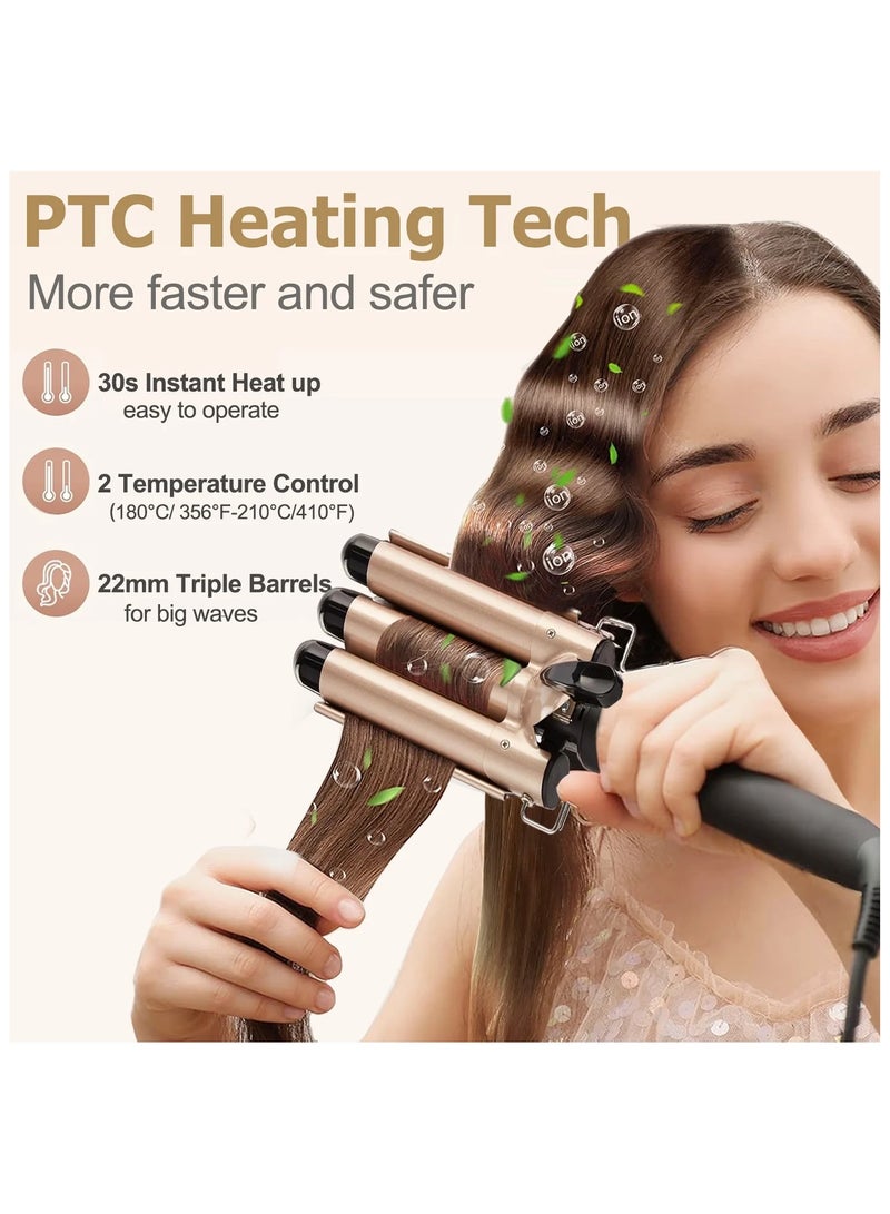 PANDA JOJO 3 Barrel Curling Iron Hair Crimper, Heat up Quickly Hair Waver, Tourmaline Ceramic Heating, Waver Iron Adjustable 25mm Hair for Long or Short, Last Wand for Women, Gold - Image 2