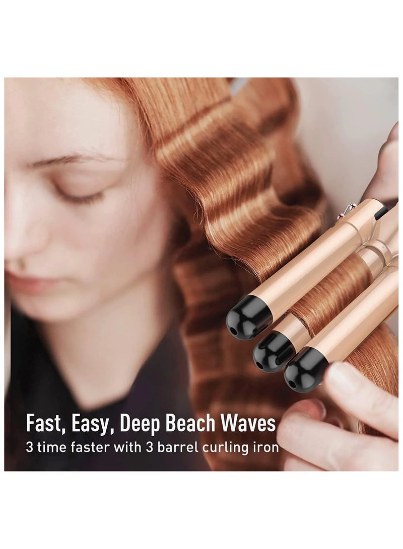 PANDA JOJO 3 Barrel Curling Iron Hair Crimper, Heat up Quickly Hair Waver, Tourmaline Ceramic Heating, Waver Iron Adjustable 25mm Hair for Long or Short, Last Wand for Women, Gold - Image 3