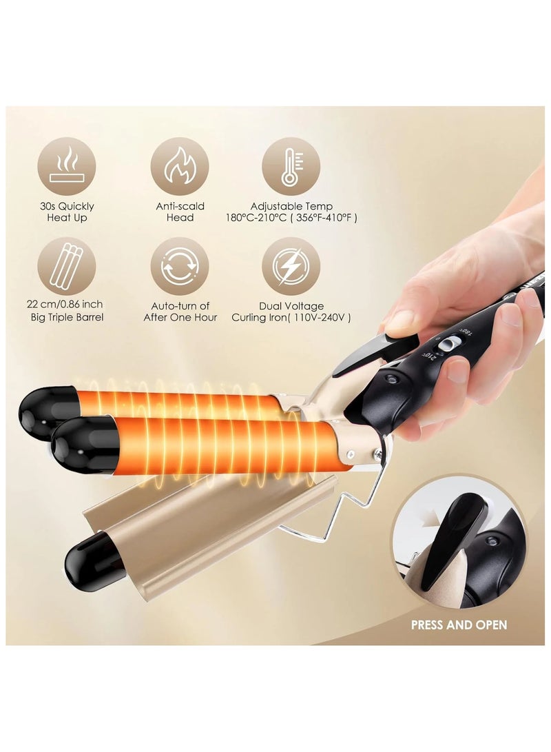 PANDA JOJO 3 Barrel Curling Iron Hair Crimper, Heat up Quickly Hair Waver, Tourmaline Ceramic Heating, Waver Iron Adjustable 25mm Hair for Long or Short, Last Wand for Women, Gold - Image 3