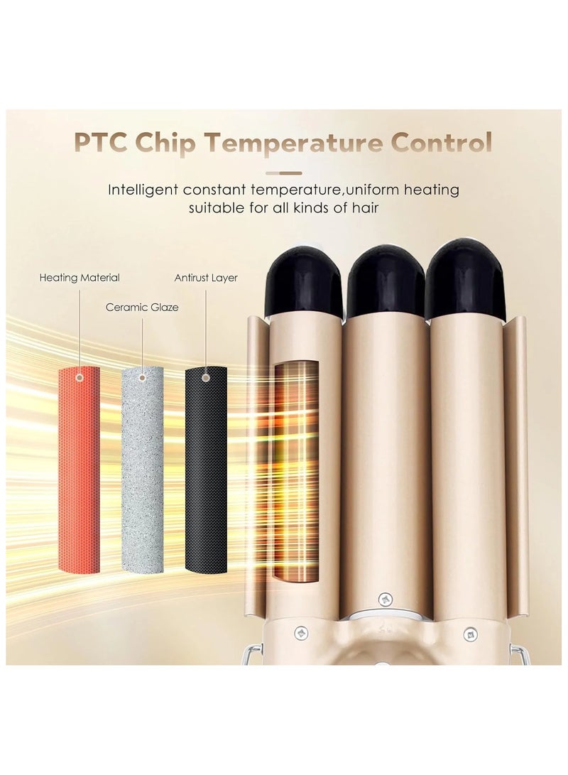 PANDA JOJO 3 Barrel Curling Iron Hair Crimper, Heat up Quickly Hair Waver, Tourmaline Ceramic Heating, Waver Iron Adjustable 25mm Hair for Long or Short, Last Wand for Women, Gold - Image 4