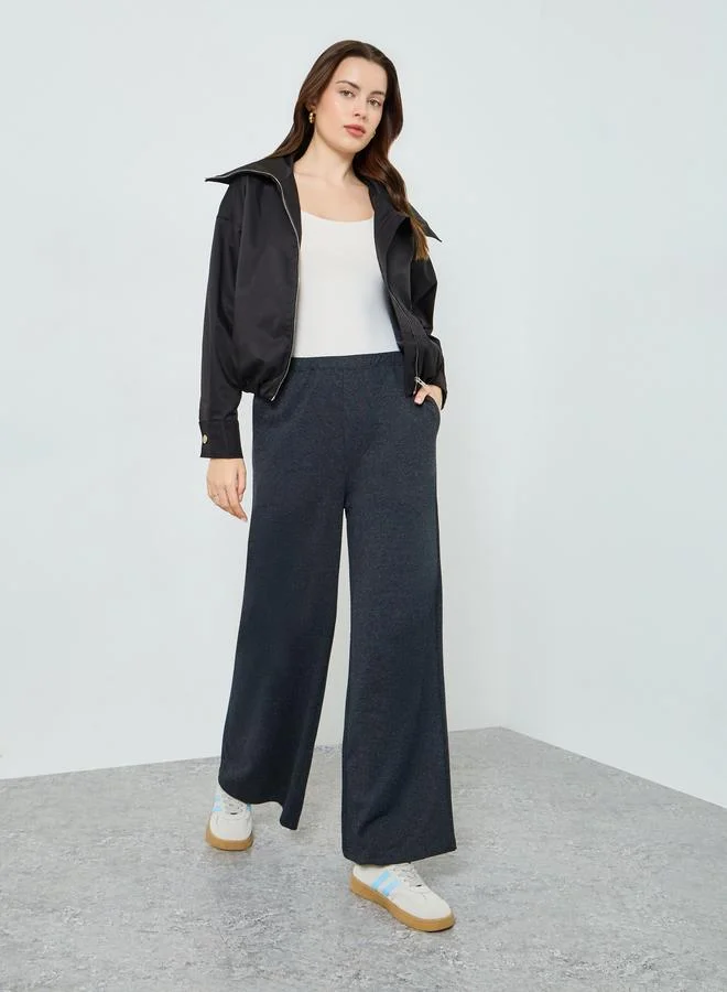 Styli Navy Blue Knitted Wide Leg Joggers