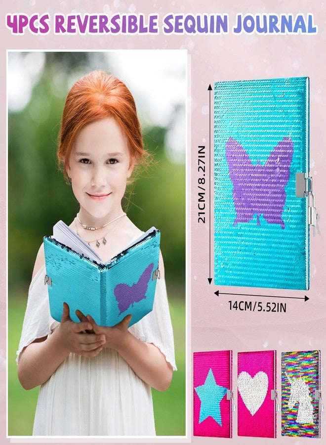 Tenceur 4 Pcs Sequin Notebooks, Flip Sequin Journal with Lock and Key, 8.3x5.5 Inch Reversible Lined Pink Diary Heart Butterfly Gifts for Christmas Travel School Writing - Image 2