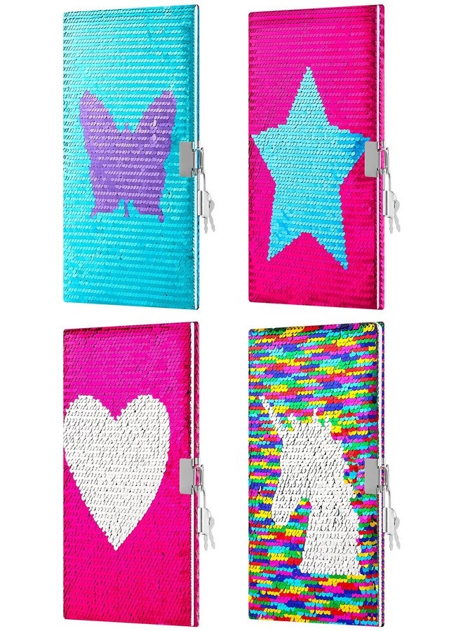 Tenceur 4 Pcs Sequin Notebooks, Flip Sequin Journal with Lock and Key, 8.3x5.5 Inch Reversible Lined Pink Diary Heart Butterfly Gifts for Christmas Travel School Writing - Image 1
