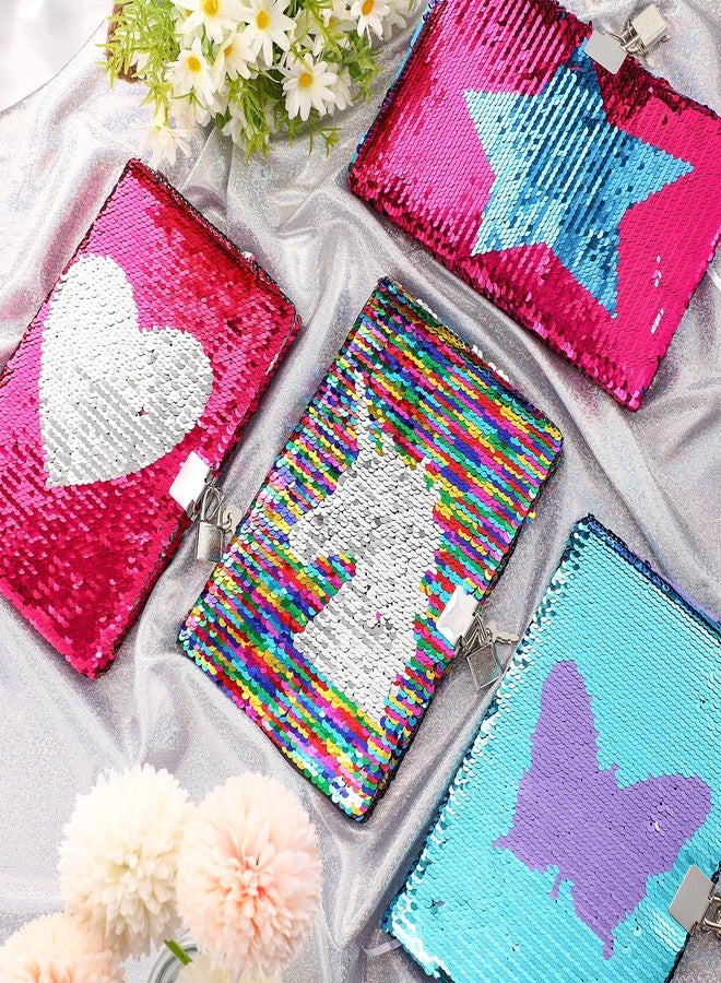 Tenceur 4 Pcs Sequin Notebooks, Flip Sequin Journal with Lock and Key, 8.3x5.5 Inch Reversible Lined Pink Diary Heart Butterfly Gifts for Christmas Travel School Writing - Image 3