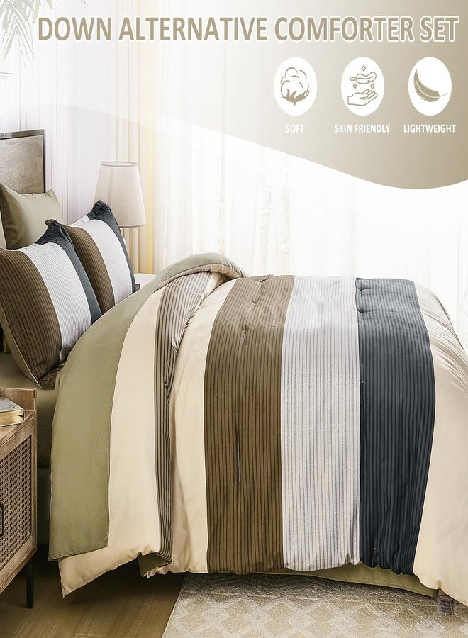 Anibedding طقم لحاف مخطط من 7 قطع من أنيبيدينج، مقاس كوين، بني وأسود، مصنوع من ألياف دقيقة ناعمة بديلة للريش، مناسب لجميع الفصول، يتضمن لحافًا، وأغطية وسائد، وشرشفًا مسطحًا، وشرشفًا مطاطيًا، وأغطية وسائد. - Image 3