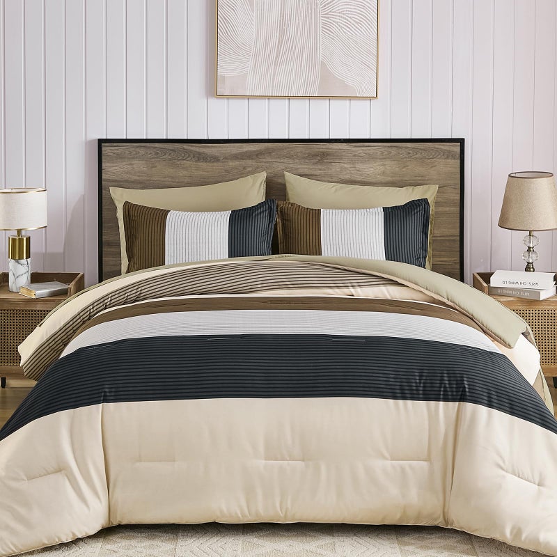 Anibedding طقم لحاف مخطط من 7 قطع من أنيبيدينج، مقاس كوين، بني وأسود، مصنوع من ألياف دقيقة ناعمة بديلة للريش، مناسب لجميع الفصول، يتضمن لحافًا، وأغطية وسائد، وشرشفًا مسطحًا، وشرشفًا مطاطيًا، وأغطية وسائد. - Image 1