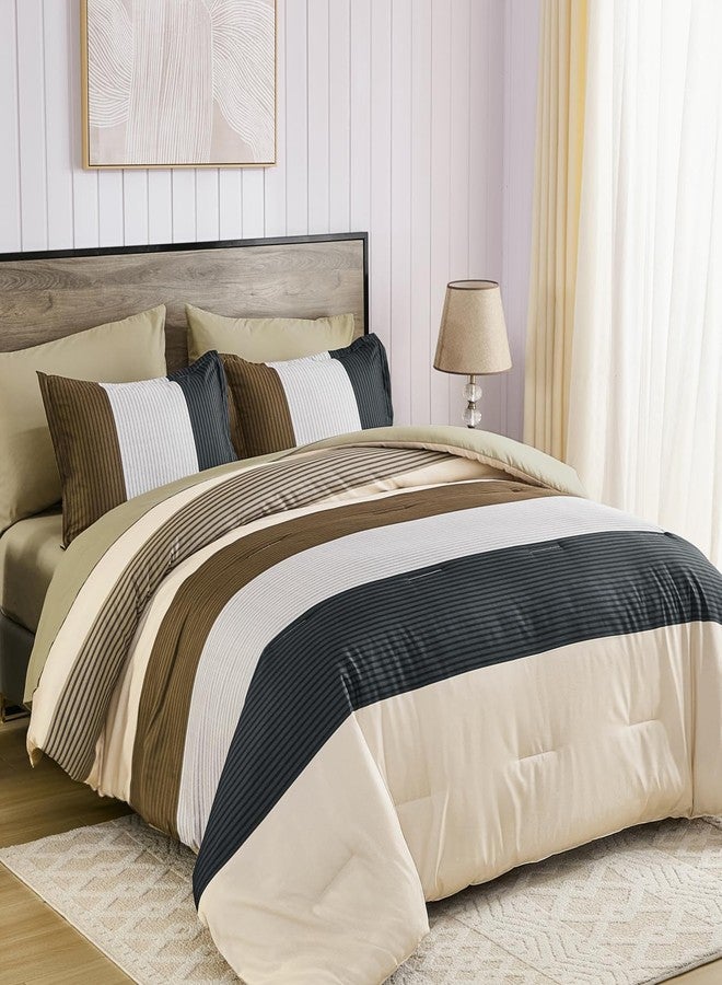 Anibedding طقم لحاف مخطط من 7 قطع من أنيبيدينج، مقاس كوين، بني وأسود، مصنوع من ألياف دقيقة ناعمة بديلة للريش، مناسب لجميع الفصول، يتضمن لحافًا، وأغطية وسائد، وشرشفًا مسطحًا، وشرشفًا مطاطيًا، وأغطية وسائد. - Image 2
