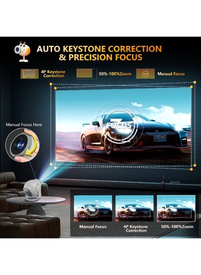 【8K Video Decode / Android 14.0】Mini Smart Projector with WiFi 6 and Bluetooth 5.4, 450 ANSI Support 1080P 4K, Portable Outdoor Movie Projectors, Auto Keystone Correction, 270° Rotatable Proyector - Image 5