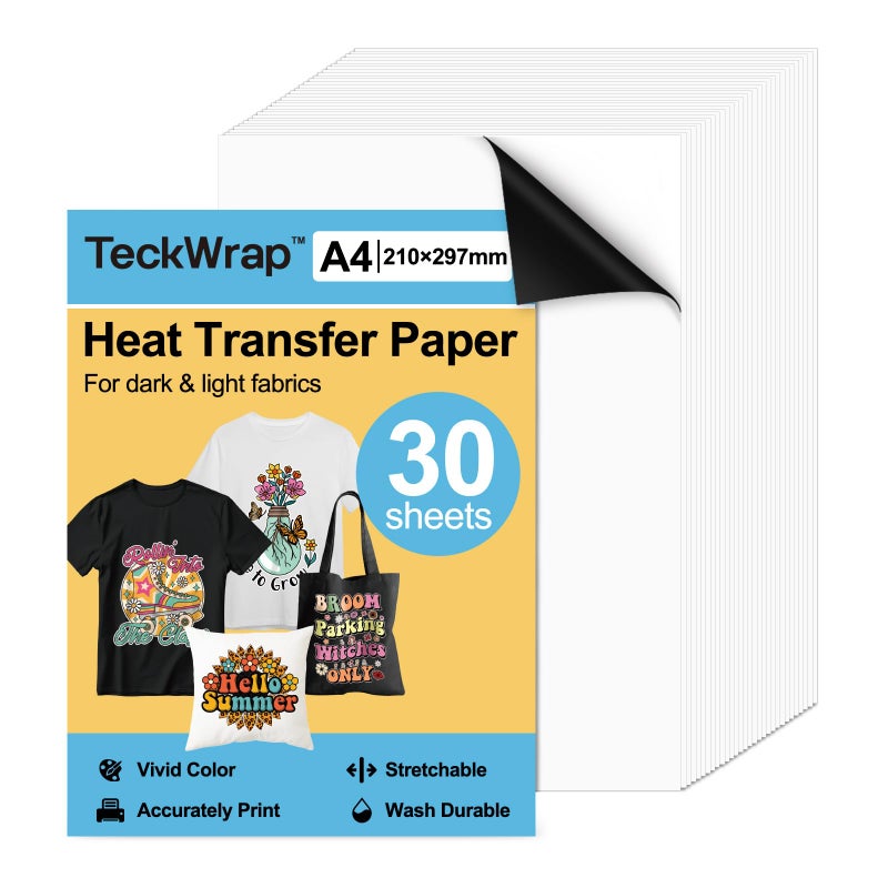 TECKWRAP Printable Heat Transfer Paper for TShirts 30 Sheets 83 X 117 Printable Heat Transfer Vinyl for Inkjet Printer Iron on Transfer Paper for Light and Dark Fabric Matte