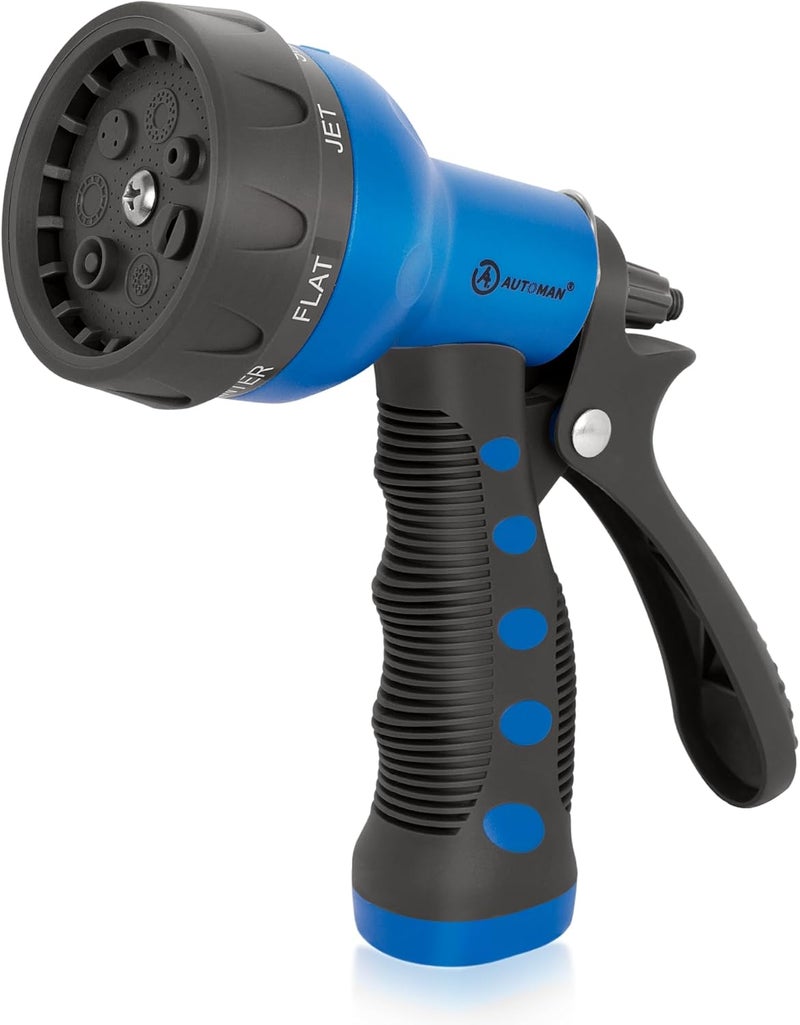 AUTOMAN -Garden-Hose-Nozzle,ABS Water Spray Nozzle with Heavy Duty 7 Adjustable Watering Patterns,Slip Resistant for Watering Plants,Lawn& Garden,Washing Cars,Cleaning,Showering Pets - Blue - Image 1