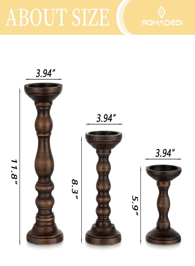 Romadedi Wood Candle Holders for Pillar - Set of 3 Tall Rustic Vintage Wooden Candlestick Holder, Farmhouse Candle Stand for Fireplace Mantle Shelf Table Home Decor, Dark Brown, 6"/ 8.3"/11.8" - Image 5