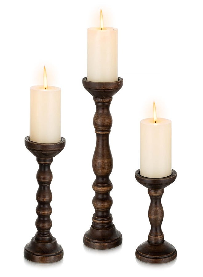 Romadedi Wood Candle Holders for Pillar - Set of 3 Tall Rustic Vintage Wooden Candlestick Holder, Farmhouse Candle Stand for Fireplace Mantle Shelf Table Home Decor, Dark Brown, 6"/ 8.3"/11.8" - Image 1