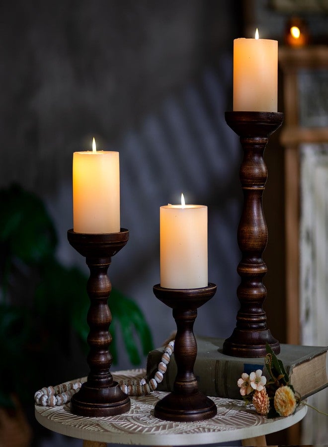 Romadedi Wood Candle Holders for Pillar - Set of 3 Tall Rustic Vintage Wooden Candlestick Holder, Farmhouse Candle Stand for Fireplace Mantle Shelf Table Home Decor, Dark Brown, 6"/ 8.3"/11.8" - Image 4