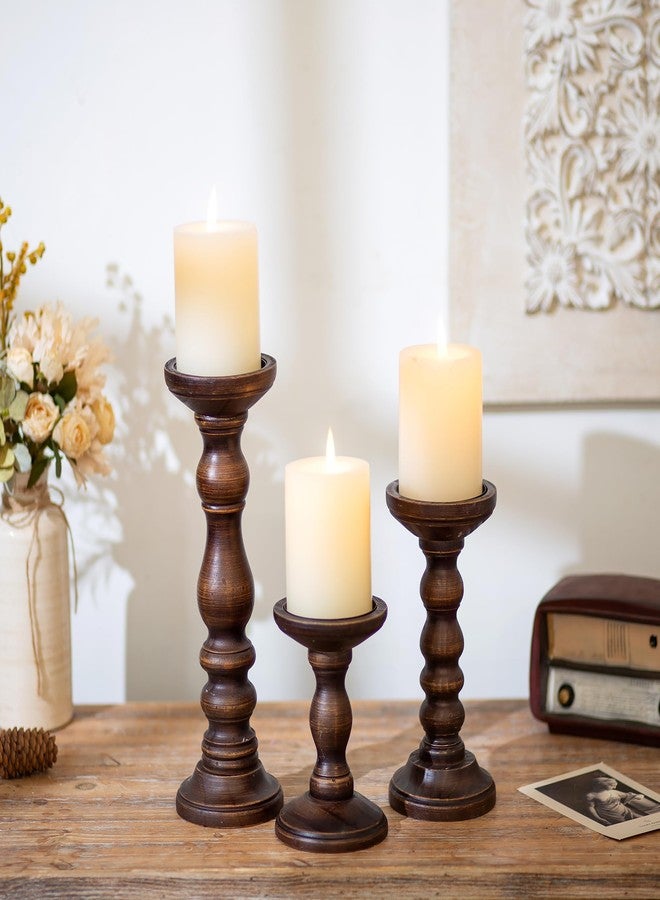 Romadedi Wood Candle Holders for Pillar - Set of 3 Tall Rustic Vintage Wooden Candlestick Holder, Farmhouse Candle Stand for Fireplace Mantle Shelf Table Home Decor, Dark Brown, 6"/ 8.3"/11.8" - Image 2