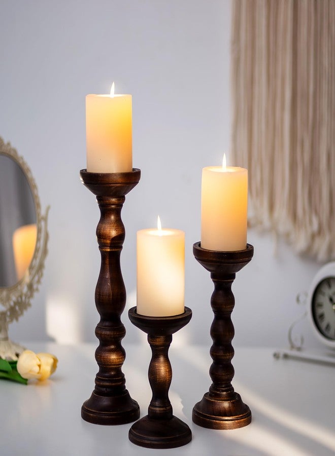 Romadedi Wood Candle Holders for Pillar - Set of 3 Tall Rustic Vintage Wooden Candlestick Holder, Farmhouse Candle Stand for Fireplace Mantle Shelf Table Home Decor, Dark Brown, 6"/ 8.3"/11.8" - Image 3