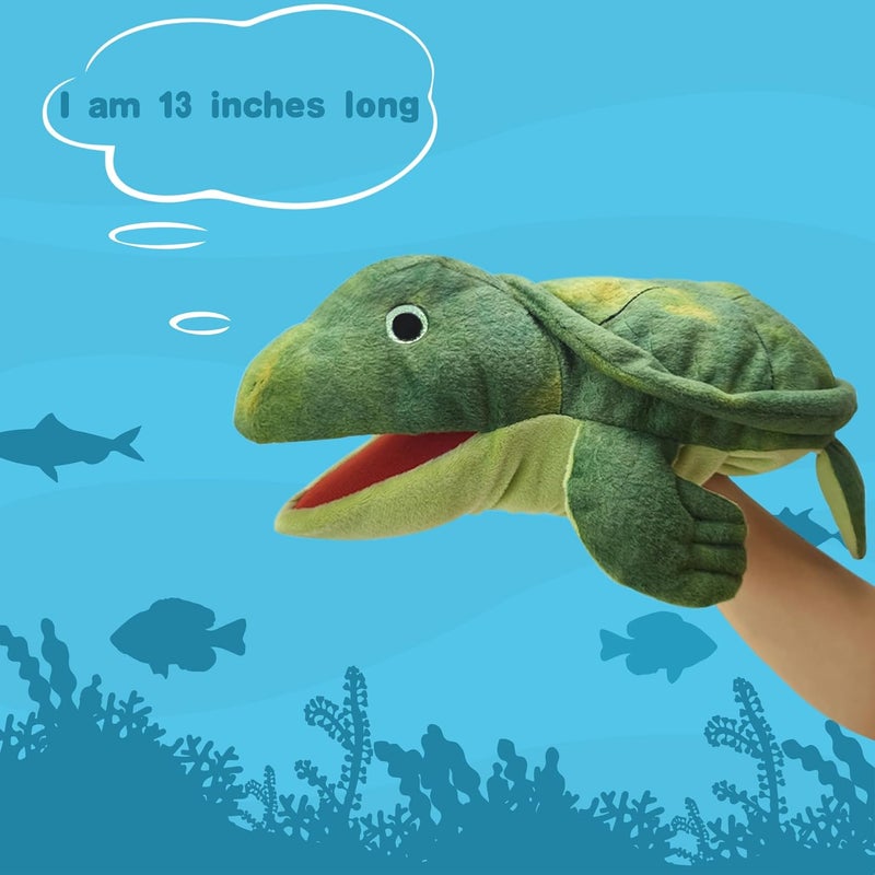 JUSTQUNSEEN دمية يد - دمية سلحفاة بحرية واقعية 13 بوصة للأطفال، حيوان محشو قطيفي بفم متحرك، لعبة تعليم لعب الأدوار - Image 4