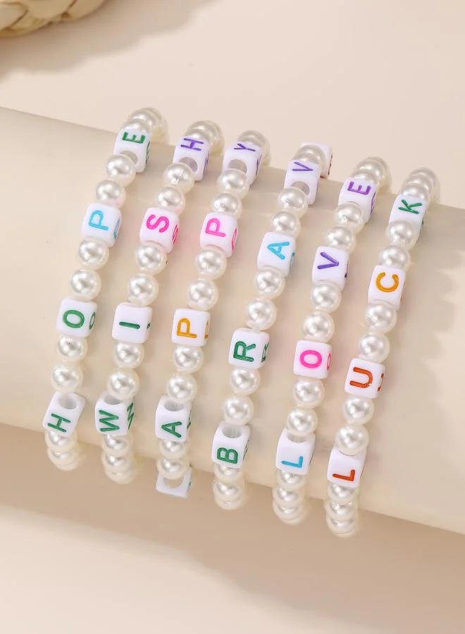 Pack of 6 - Multi-Color Pearl and Letter Bead Bracelets