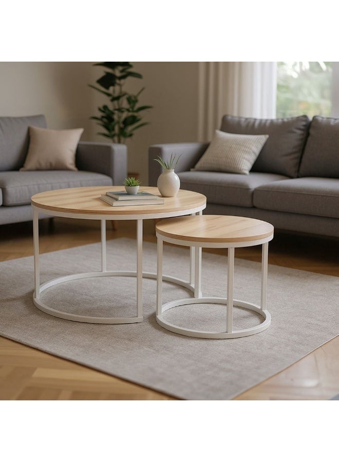 DANUBE HOME Asgard Set of 2 Round Coffee Tables - Stylish Oak/White Living Room Furniture, Engineered Wood & Metal, Ideal for Modern Decor, Size: L80xW80xH48cm - Image 1