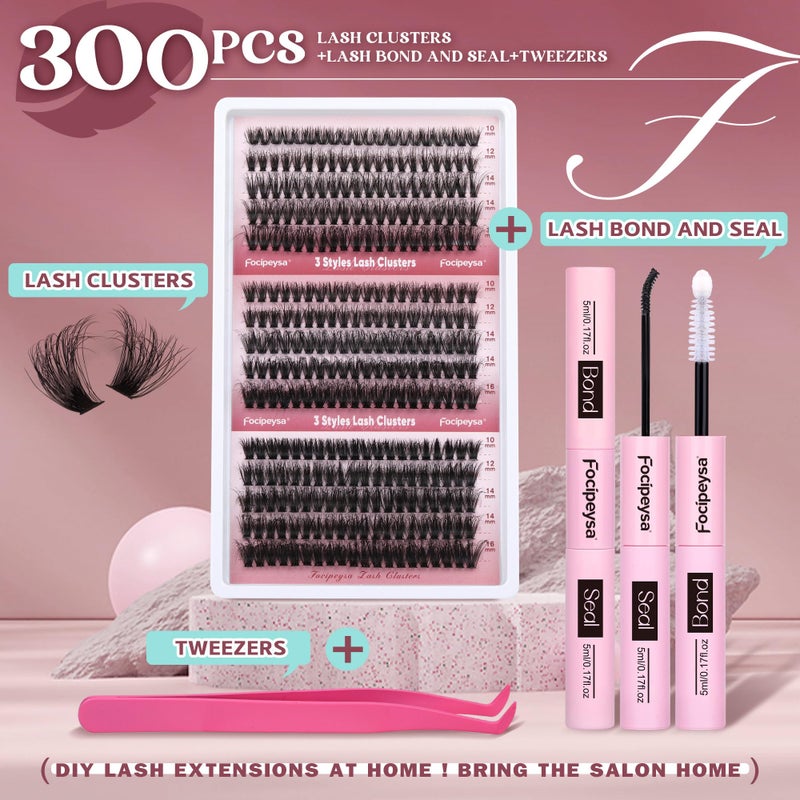Focipeysa Lash Extension Kit 300pcs Lash Clusters Volume Eyelash Extension 60D 70D 80D Eyelash Clusters 9-16mm DIY Lash Extensions Kit with Waterproof Lash Bond and Seal and Lash Tweezers - Image 2