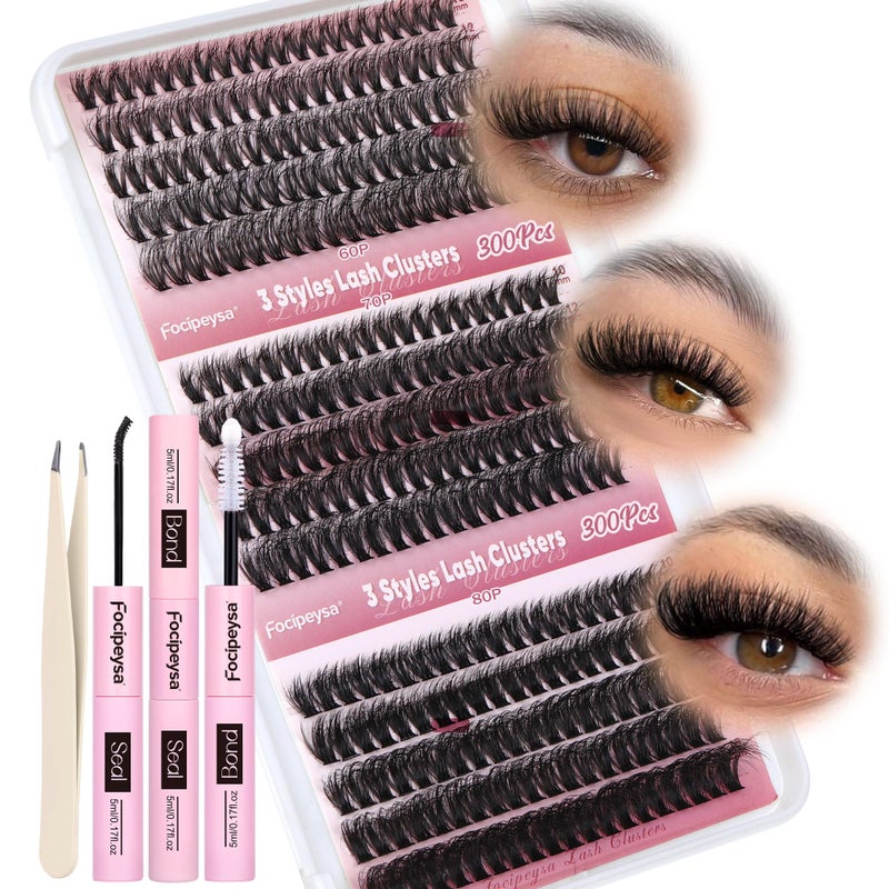 Focipeysa Lash Extension Kit 300pcs Lash Clusters Volume Eyelash Extension 60D 70D 80D Eyelash Clusters 9-16mm DIY Lash Extensions Kit with Waterproof Lash Bond and Seal and Lash Tweezers - Image 1