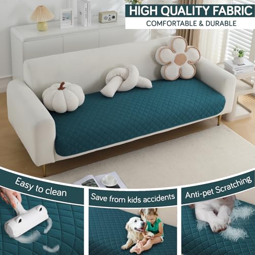 HOKIPO Water Repellent + Waterproof Sofa Seat Mat for 2 Seater Sofa with 2 Armrest Covers with Pockets - Peacock Blue (AR-5265-71-PBLU*2) - Image 4