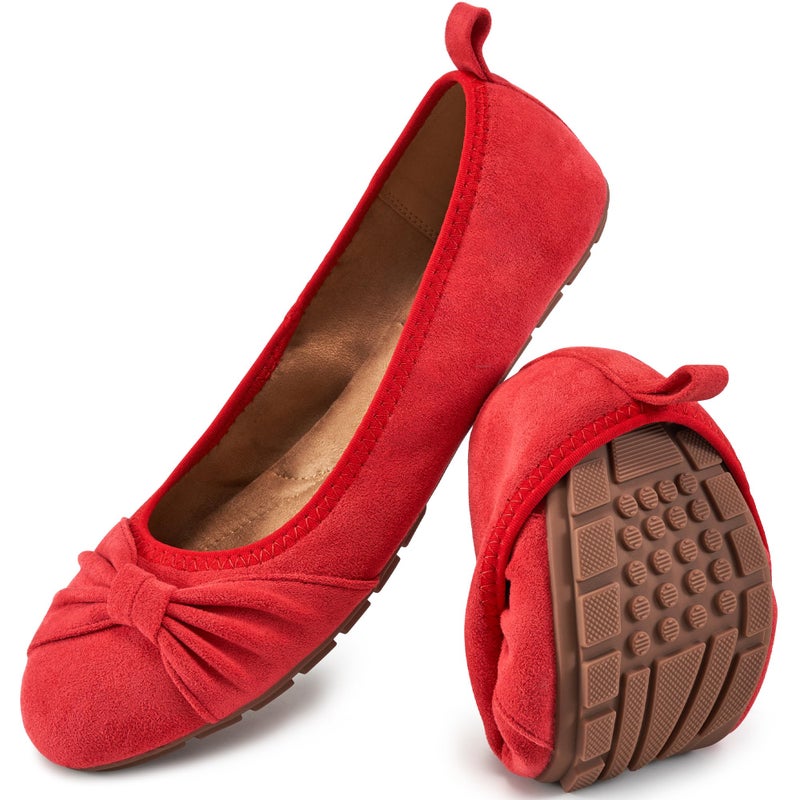 Ecetana Womens Flats Shoes Dressy Round Toe Bowknot Suede Foldable Comfortable Casual Slip On Ballet Loafers Red