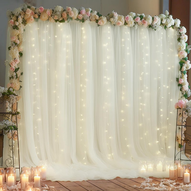 10x10ft Ivory Tulle Backdrop Curtain with Lights String for Parites Sheer Backdrop Curtains for Wedding Baby Shower Birthday Party Photo Shoot Decorations