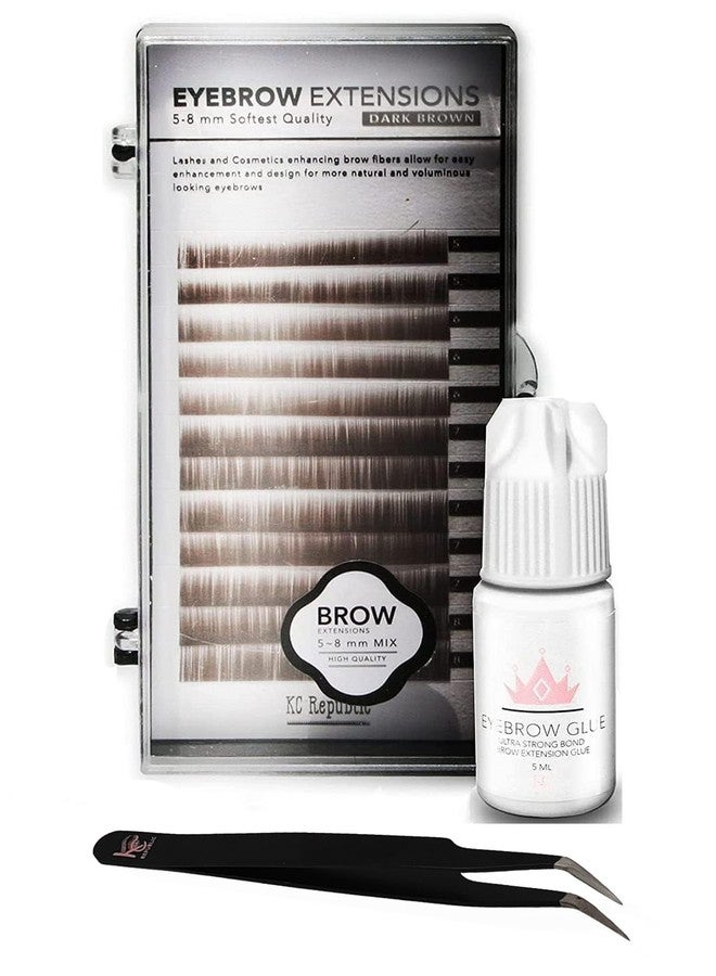 KC Republic Lash Eyebrow Extensions Kit with 1 x Trays of Mink Eyebrows in Dark Brown Comes on Mixed Length Trays 5-8 mm Mix, Eyebrow Glue Clear & Extension Tweezers (Dark Brown, Black Tweezer) - Image 1