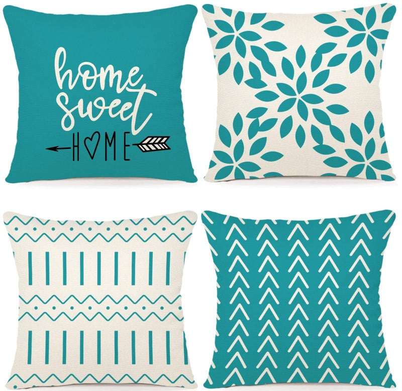 YCOLL Pillow Covers 18x18 Set of 4 Modern Sofa Throw Pillow Cover Decorative Outdoor Linen Fabric Pillow Case for Couch Bed Car Aqua Blue