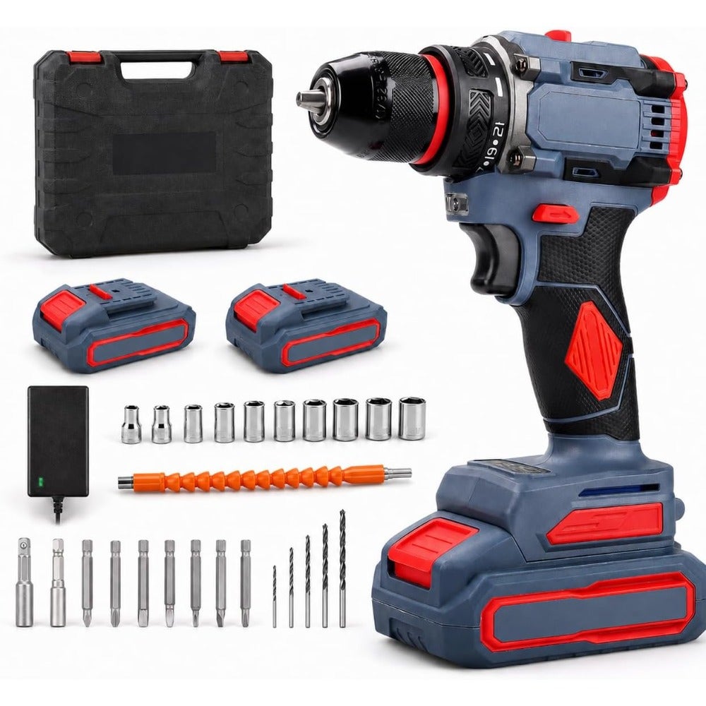 Cordless Drill Set for DIY and professional use, brushed aluminum grey body, 48V brushless motor, 40Nm torque, 21+1 torque settings, 3/8-inch keyless chuck, includes battery and charger, LED light, drill driver bits kit