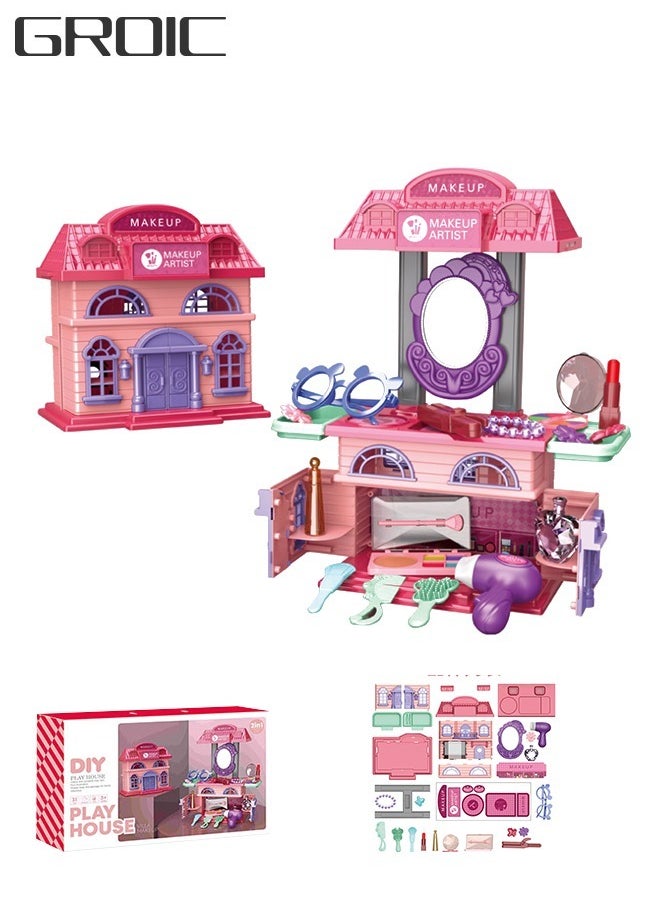 GROIC 2-in-1 Vanity Table Set Girls Toy Makeup Accessories with Mirror, Makeup Pretend Cosmetics, Hair Dryer and Beauty Accessories,Makeup Toys Pretend Play House 31PCS  - Image 1