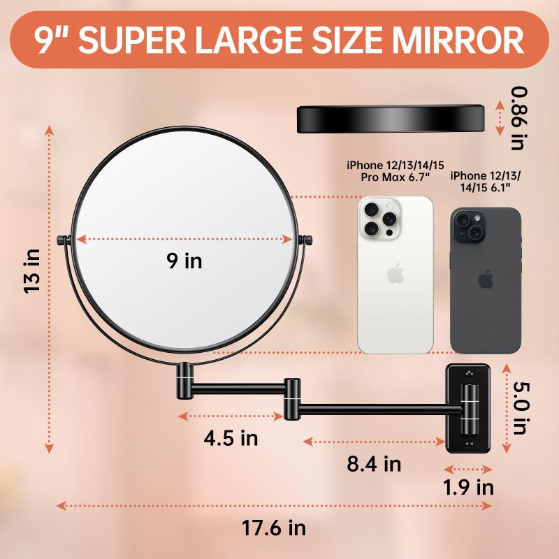 Benbilry 9"" Large Size Wall Mounted Makeup Mirror  1X/10X Magnifying Double Sided Shaving Mirror For Bathroom  360 Swivel Extendable Arm Black - Image 2