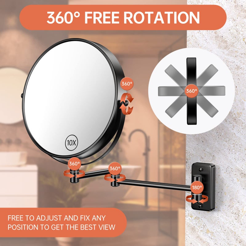 Benbilry 9"" Large Size Wall Mounted Makeup Mirror  1X/10X Magnifying Double Sided Shaving Mirror For Bathroom  360 Swivel Extendable Arm Black - Image 4