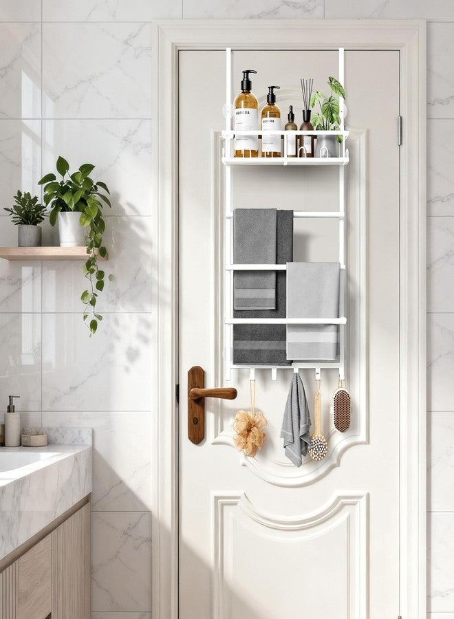 Aetyord Towel Racks for Bathroom Over The Door Towel Rack Towel Storage with Metal Shelf Basket and Hooks White - Image 2