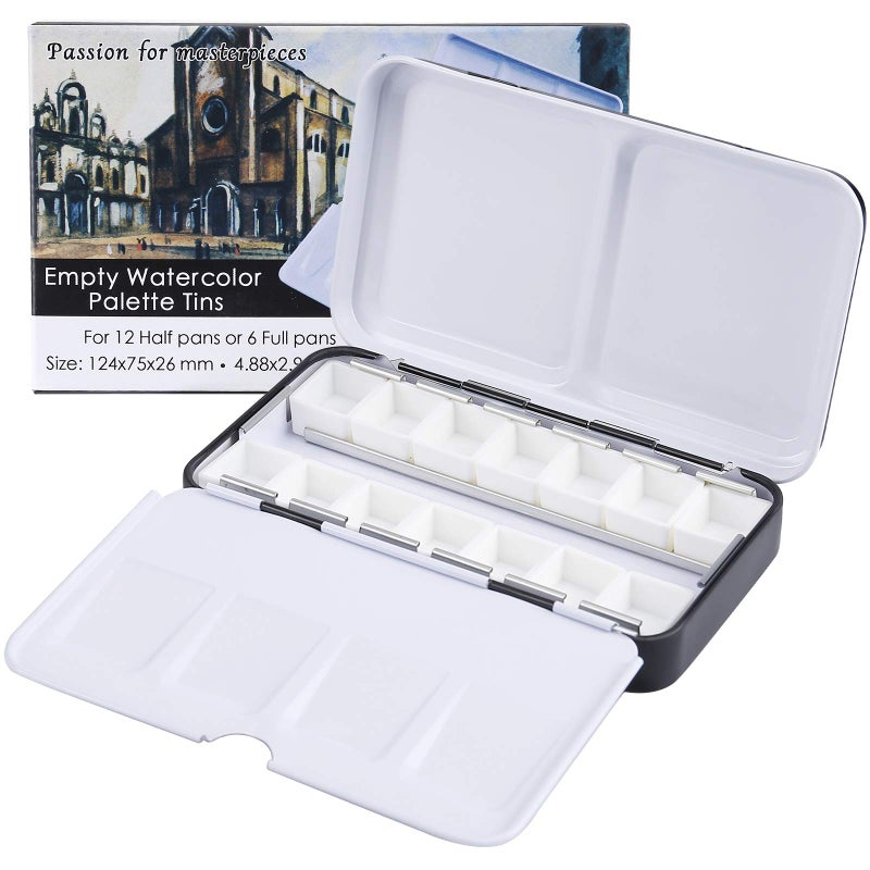 MYARTOOL Watercolor Tin Palette Metal Empty Paint Case with 12 PCS Empty Half Pans for DIY Travel Watercolor Palette Acrylic and Oil Painting