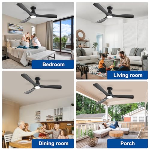 Depuley 52-Inch Ceiling Fans with Lights: Black 3 Blade Flush Mount Low Profile Ceiling Fan for Bedroom - Dimmable Indoor Outdoor Fan with Remote Control Ultra Quiet DC Motor Timer - Image 2