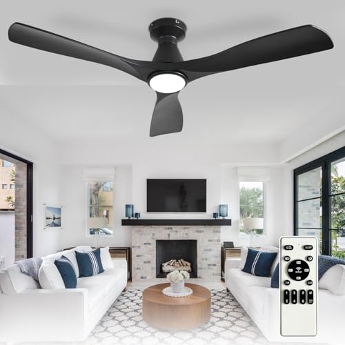 Depuley 52-Inch Ceiling Fans with Lights: Black 3 Blade Flush Mount Low Profile Ceiling Fan for Bedroom - Dimmable Indoor Outdoor Fan with Remote Control Ultra Quiet DC Motor Timer - Image 1
