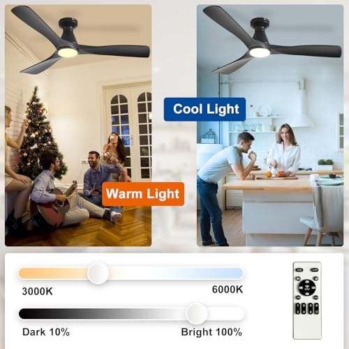 Depuley 52-Inch Ceiling Fans with Lights: Black 3 Blade Flush Mount Low Profile Ceiling Fan for Bedroom - Dimmable Indoor Outdoor Fan with Remote Control Ultra Quiet DC Motor Timer - Image 3