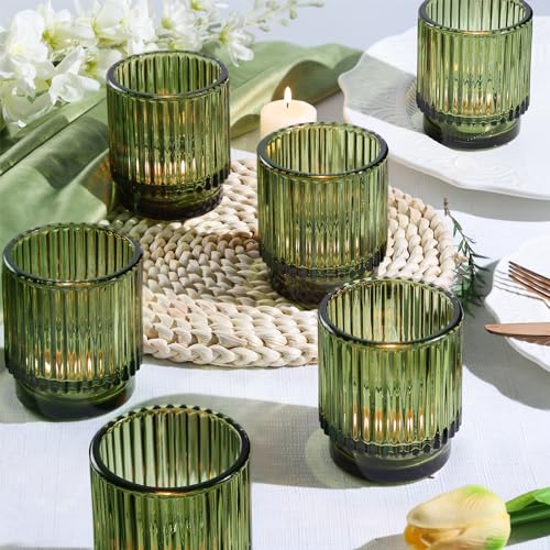 DEVI 8pcs Large Green Votive Candle Holders for Wedding Centerpieces Glass Tea Lights Candle Holder Decor Wedding Bridal Shower Party Table Decor Vintage Boho Easter Decor for Table Centerpiece