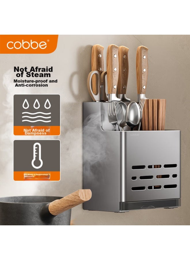 Cobbe Kitchen Knife Holder, Wall-mounted Chopstick Cage, Multi-functional Storage Rack, No Drilling Required, Stainless Steel Chopstick Tube, Knife Holder - Image 3