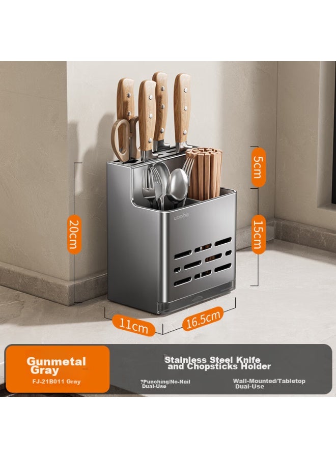 Cobbe Kitchen Knife Holder, Wall-mounted Chopstick Cage, Multi-functional Storage Rack, No Drilling Required, Stainless Steel Chopstick Tube, Knife Holder - Image 1