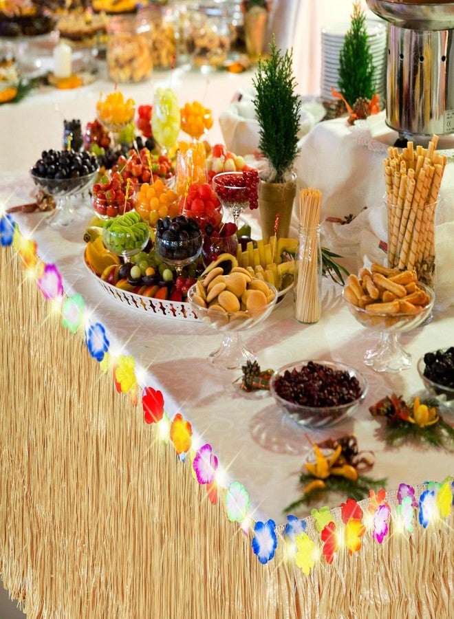 Aneco 4 Pieces 9 Ft x 30 Inches Luau Grass Table Skirts with LED String Light Hawaiian Table Skirt Lighted Grass Skirt Table Fringe for Tropical, Hawaiian Themed, Birthday Party (Natural) - Image 5